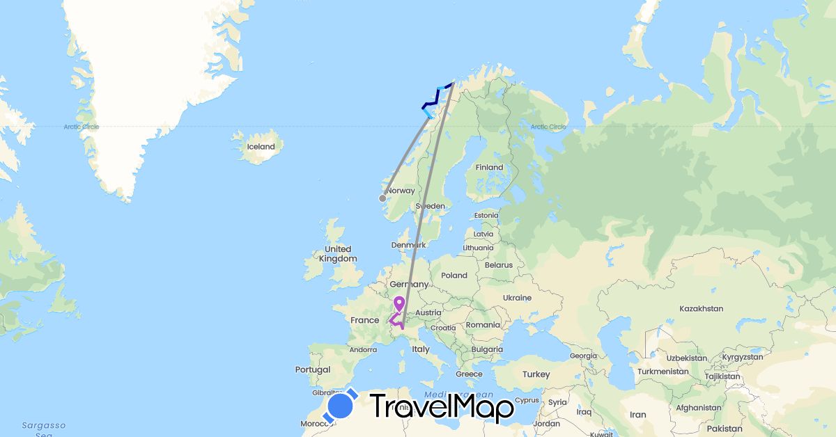 TravelMap itinerary: driving, plane, train, boat in Switzerland, Italy, Norway (Europe)